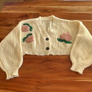 Hand knit Loose Cropped Cardigan Sweater with 3D Fuzzy Peaches  women’s med/lrg